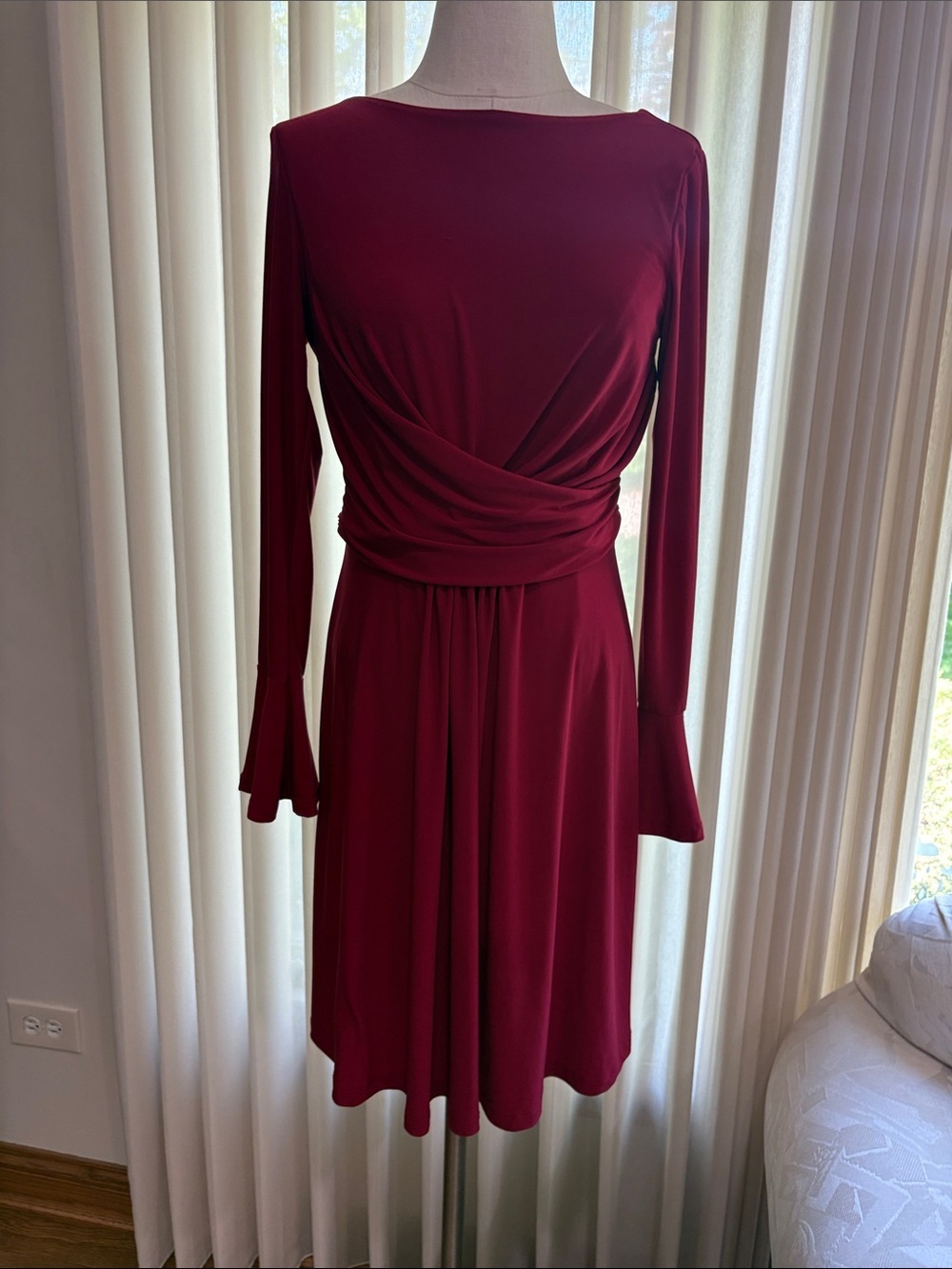 Harper rose women’s Wine bell Long-Sleeve Twist-Waist wrap Midi Dress boat neck - Picture 3 of 11